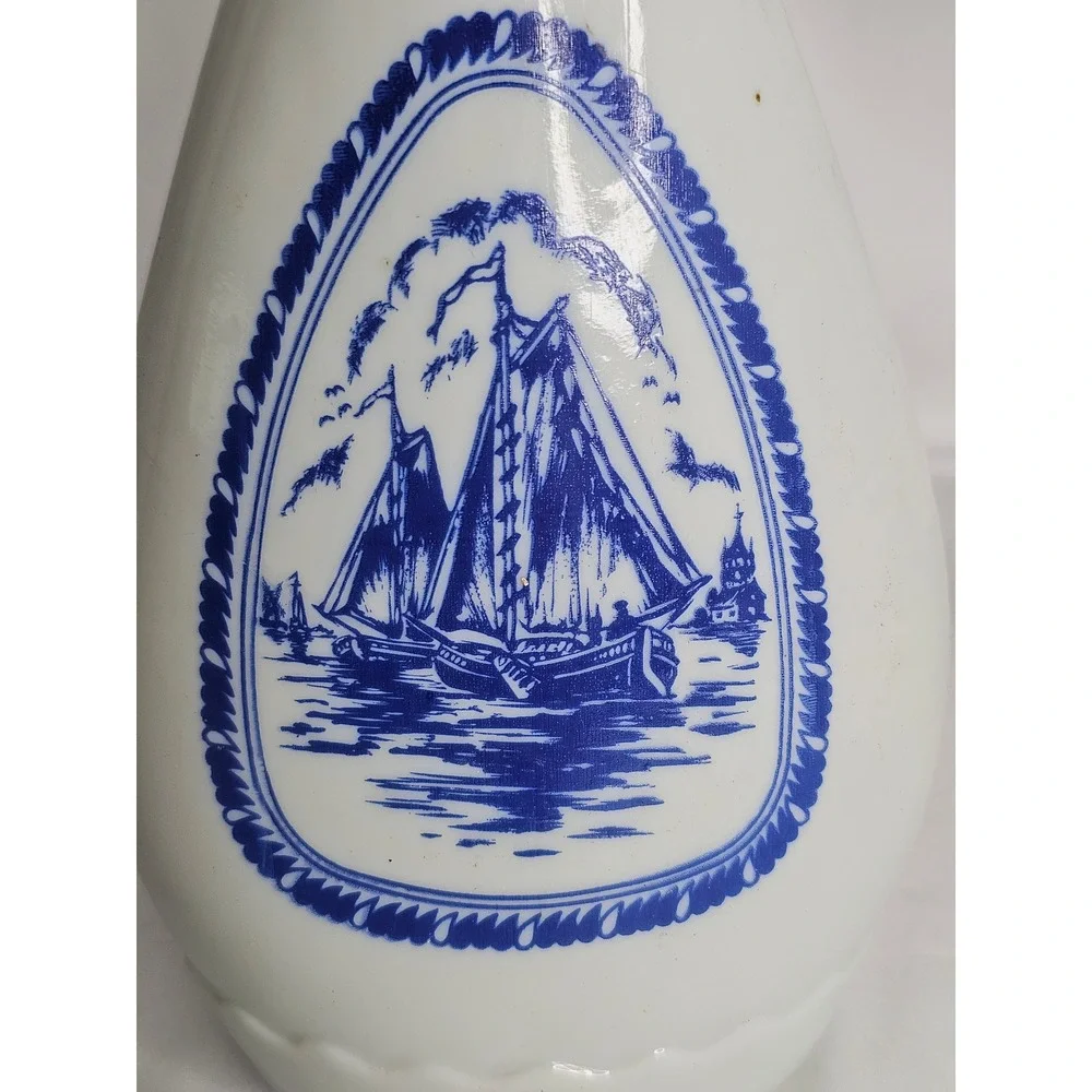 Vintage Milk Glass Ship Decanter Nautical Blue Sailing Boat Windmill Stopper